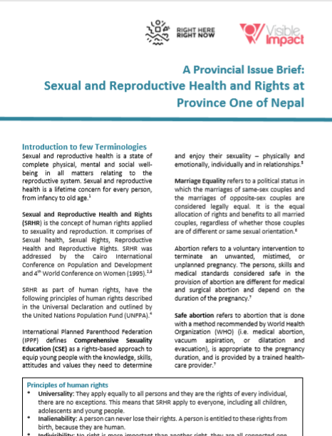 A Provincial Issue Brief:  Sexual and Reproductive Health and Rights at Province One of Nepal